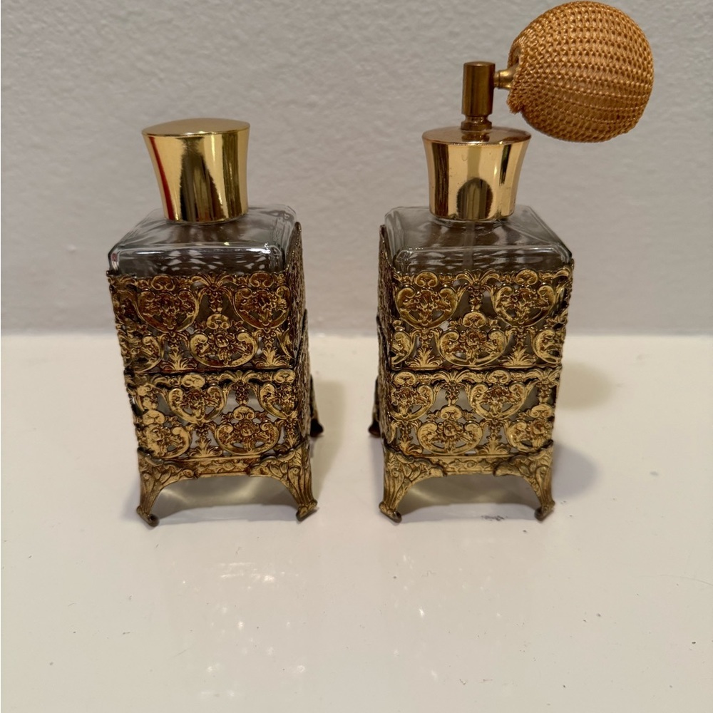 Vintage Hollywood Regency Gold Filigree Vanity Perfume & Cologne Bottles